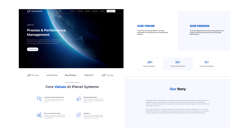 About page high-fidelity screen showing mission, success pillars, and event highlights.