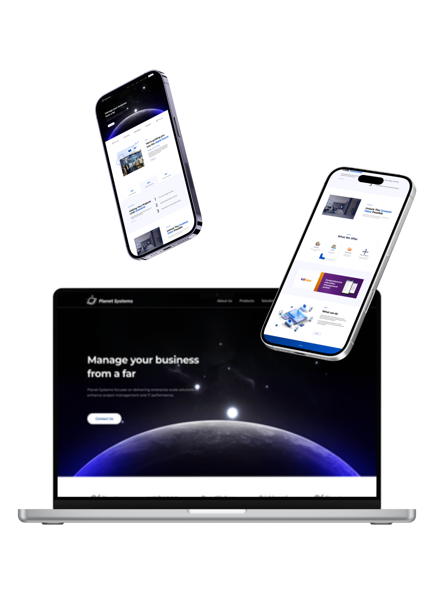 Redesigned Planet Systems home page showing hero, overview, industry tabs, and a modern blue-themed layout.